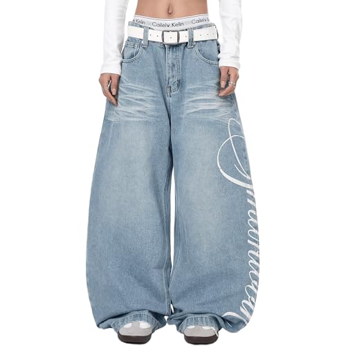 High Waisted Wide Leg Letter Print Baggy Flare Jeans for Women Fall Unisex Vintage Hip-Hop Washed Trousers Pants