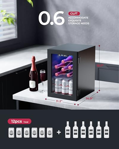 Image of Icyglee 6 Bottles and 6 Cans Compact Beverage Refrigerator, Freestanding Mini Fridge with Temperature Control for Beer Wine, Under Counter Small Refrigerator Adjustable Shelve for Home and Bar