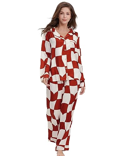 Image of YiNi LuLu Womens Silk Satin Pajamas Set Button Down 2 Piece Pjs Long Sleeve Oversized Sleepwear with Pockets