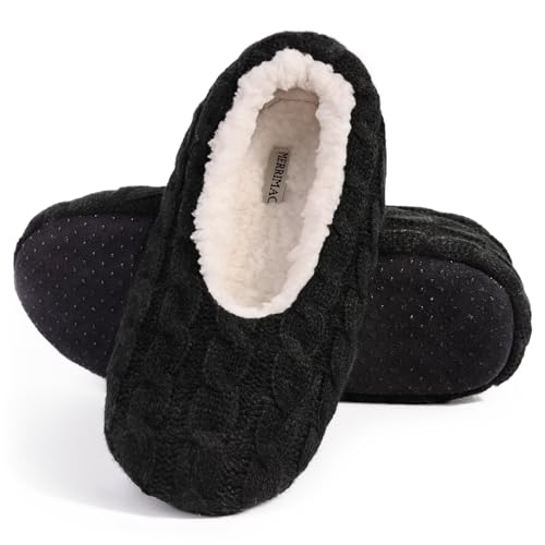Image of MERRIMAC Women's Chenille Fuzzy Cable Knit Slipper Socks Warm Sherpa Lining Winter Indoor House Shoes