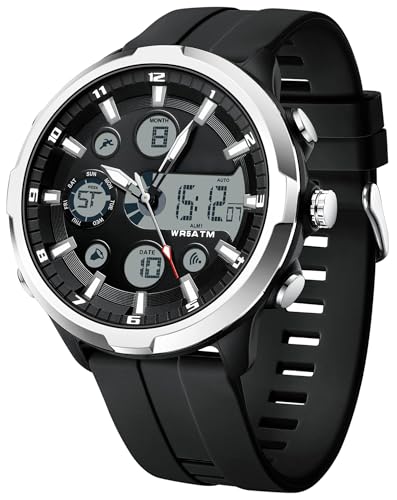 findtime Digitale Analoge Armbanduhr Herren Groß Zifferblat Sportlich Militär Herrenuhr Wasserdicht Led Beleuchtung Chronograph Stoppuhr Wecker Kalender Multifunktionale Uhren Robust Schwarz Silber
