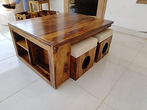 Image of Sheesham Wood Creation Center Table with 4 stools for Home & Office, PureCraft Elite Wooden Coffee Table|Tea Table|Sofa Set Table