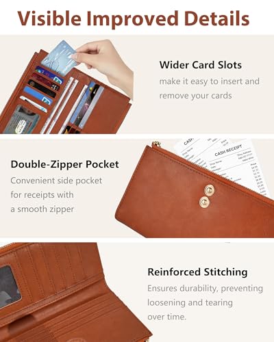 Image of Brown Women's Slim Wallet,Thin RFID Card Holder with Zipper Pocket | 12 Slot Wallet Organizer, Large Capacity, Vegan Leather, Coin Purse, Cash Compartment, Travel Wallet, Women Gift