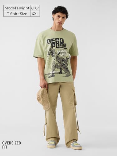 Image of The Souled Store Deadpool: Maximum Effort Men and Boys Short Sleeves Round Neck Green Graphic Printed Cotton Oversized T-Shirts
