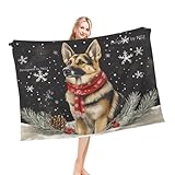 Bettüberwurf Weihnachts-Schäferhund, Deutsch Rot Und Schwarz, Schneeflocke Falten Beständig Überwurf Deko Flanell Fleecedecke Für Büro Zimmer Außen