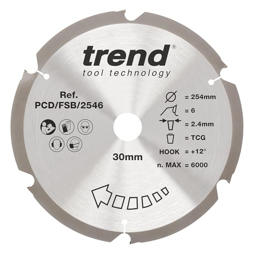 Trend Kreissägeblatt aus PKD-Faserzement, 254 mm Durchmesser, 30 mm Bohrung, 6 Zähne, 2,4 mm Schnittfuge, +12° Haken, PKD, grobe Oberfläche, PCD/FSB/2546