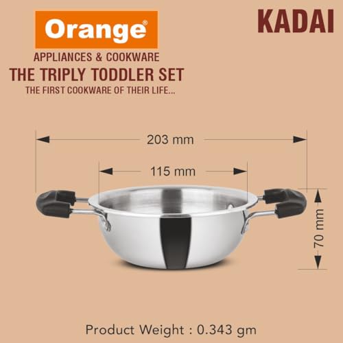 Image of ORANGE Triply Toddler Cookware Set /Gift Set (3 Pc) - Kadai, Fry Pan & Sauce Pan | 2.5mm Thick, Gas Stove Compatible | Heavy Bottom, Cool Touch Handle | Ideal for Baby Food | 5 Year Warranty