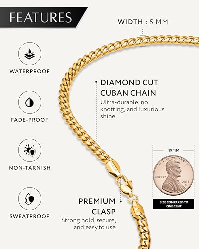 RTZN® Gold Cuban Link Chain for Men – 3.5/5mm Mens Cuban Chain – Premium Gold & Silver Stainless Steel Necklace for Men – Non-Tarnish & Waterproof Mens Chain Necklaces – 18/20/22/24/26" inch4