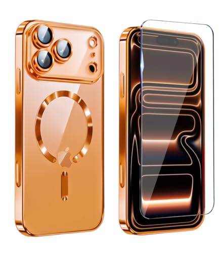 Image of Magnetic Glossy Case for iPhone 17 Pro Max,iPhone 17 ProMax Phone Case Slim Clear Luxury with Screen Protector & Camera Protector [Compatible with MagSafe], Shockproof Cover for iPhone 17 Max-Orange
