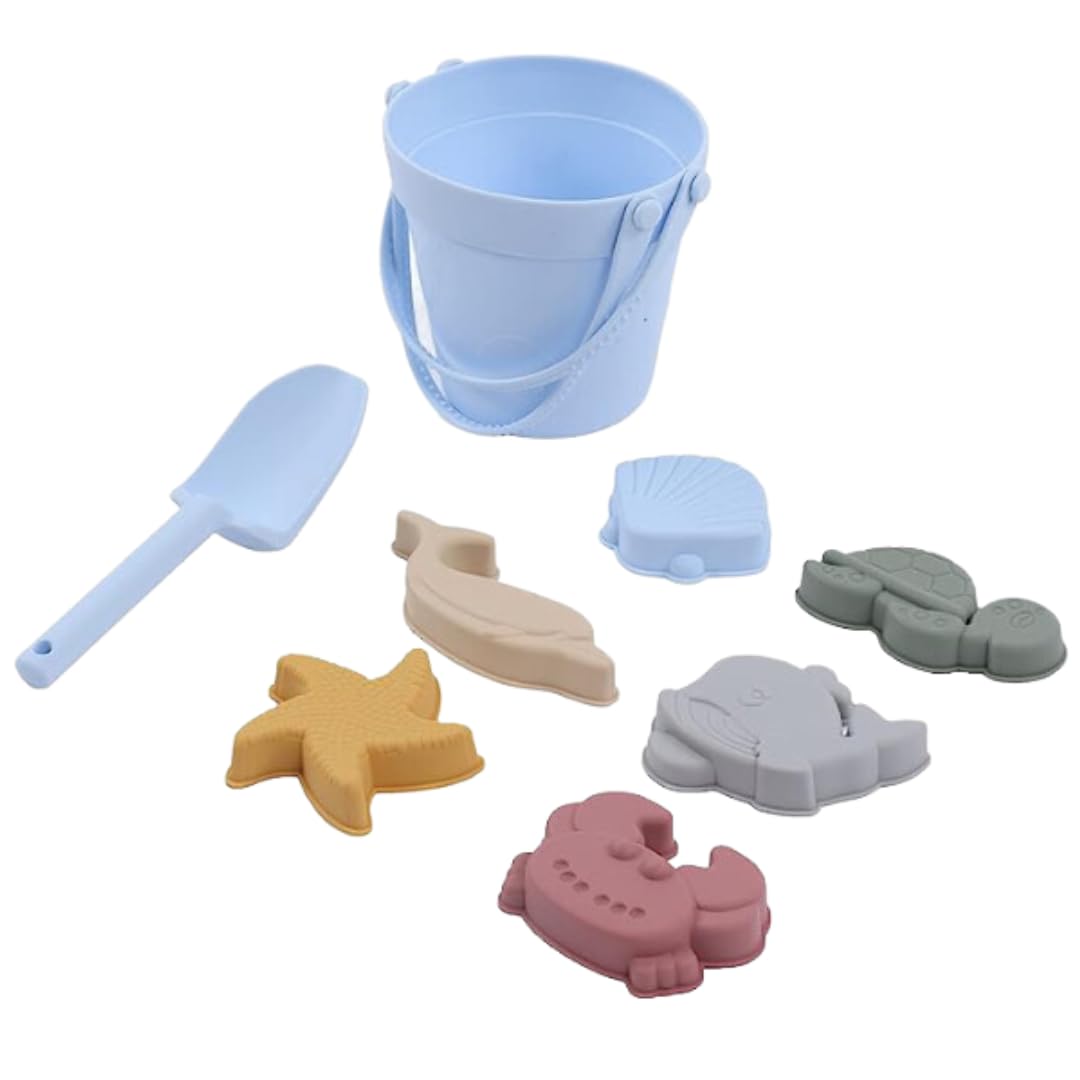Modern Silicone Beach Bucket Spade and Mould Accessories Toy Set- Soft BPA Free Flexible, Foldable Sun-Proof Sand Castle. Montessori Preschool Educational Toy (Sky)