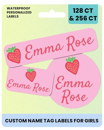 Label Daddy Personalized Name Labels for Girls – Washable Custom Name Tags – Premium Waterproof Labels for School, Clothing, Lunch Boxes, Summer Camps & More – 128 Ct & 256 Ct | Strawberry Design