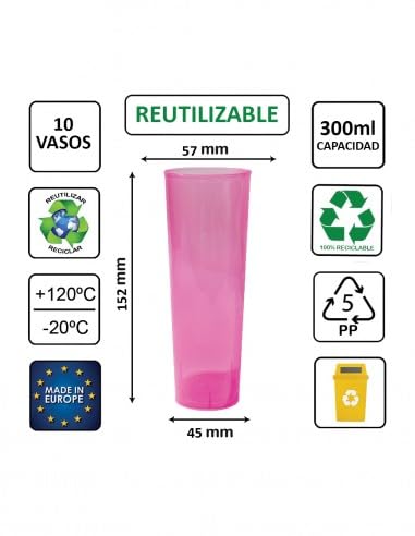 500 Unidades - Vaso Tubo PLÁSTICO (PP) 300ml. IRROMPIBLE Rosa - EMBOLSADO 10UDS - Precio Unidad 0,098€