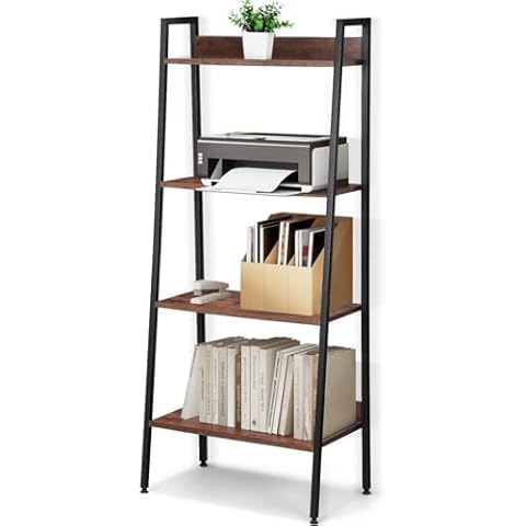 RUNTOP Industrial Bookshelves and Bookcases, Ladder Shelf 4 Tiers with Metal Frame for Living Room, Home Office, Storage Racks and Shelving, Freestanding Display Plant Shelves, Rustics Brown Cover