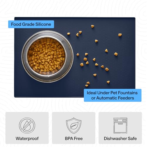 Image of GORILLA GRIP 100% Waterproof Raised Edge BPA Free Silicone Pet Feeding Mat, Dog Cat Food Mats Contain Spills Protects Floors, Placemats for Cats and Dogs Water Bowl, Pets Accessories 32x24 Navy