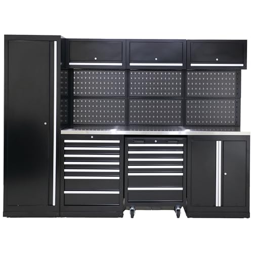 Ondis24 XL Werkstatt Komplett Set 264 cm vormontierte Männerküche Werkstattrichtung modular mit Edelstahlarbeitsplatte, Werkzeugschränke, Werkbank mit Schubladen