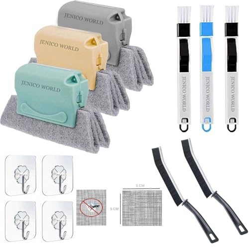 Image of 13 PCs Sliding Window Groove Cleaning Brush, Multifunctional Gap Cleaning Brush with Adhesive Hook & Mosquito Net Repair Tape (Window Care Combo Kit)