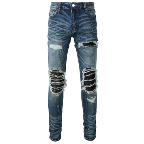 Jeans Pants Trouser Denim Men Stretch Slim Fit Street Trendy Wear Worn Hole Blue Grinding Fading Wrinkle Patch Personalized Casual Small Foot Casual(Blue,31)2