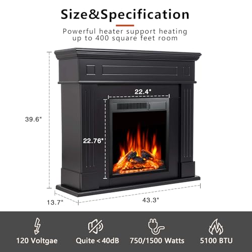 R.W.FLAME 43” Electric Fireplace Mantel Wooden Surround Firebox, TV Stand with Freestanding Electric Fireplace, Remote Control, Adjustable Led Flame, 750W/1500w Black