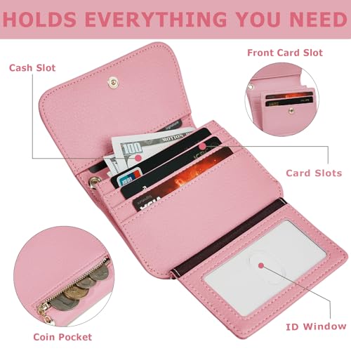 Image of Women Small Wallet RFID Blocking Slim Wallet with Coin Pocket Tri-Fold Credit Card Holder with ID Window and Keychain(Pink)