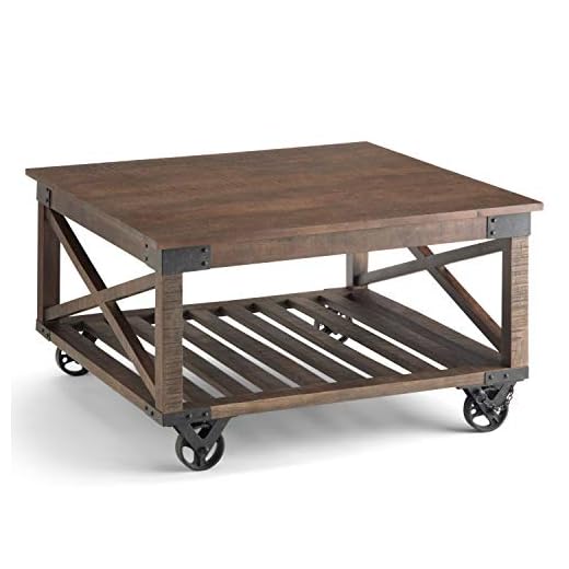 SIMPLIHOME Harding SOLID MANGO WOOD and Metal 32 inch Wide Square Industrial Coffee Table in Distressed Dark Brown, for the Living Room and Family Room