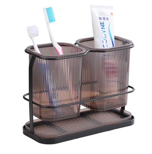 IKWZ Toothbrush Holders Metal Toothbrush Holder Electric Tooth Toothpaste Brushing Holder Stand 2 Cups for Bathroom Family Kids (Black)
