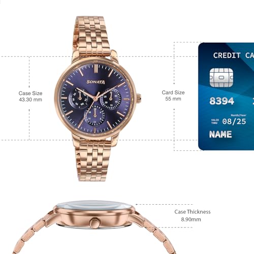 Image of Sonata Verve Quartz Analog with Navy Blue Dial Rose Gold Sheet Metal Strap Watch for Women - 87102WM01