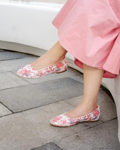 Image of FEVERSOLE Women's Comfort Breathable Knit Crochet Shoes Lace Ballet Flats