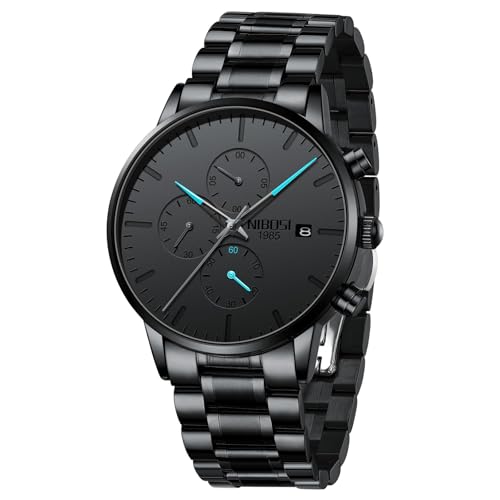 Image of NIBOSI Men's Watches Analog Minimalist Black Dial Watch for Man Business Chronograph Casual Watches Stainless Steel Strap Date