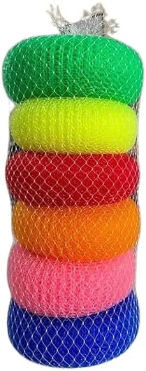 Nylon Bath Scrubber Sponge Pouf Body Scrubber | Bathing Round Loofah | Plastic Juna Loofah | Scrub (Pack of 6, Multicolour)