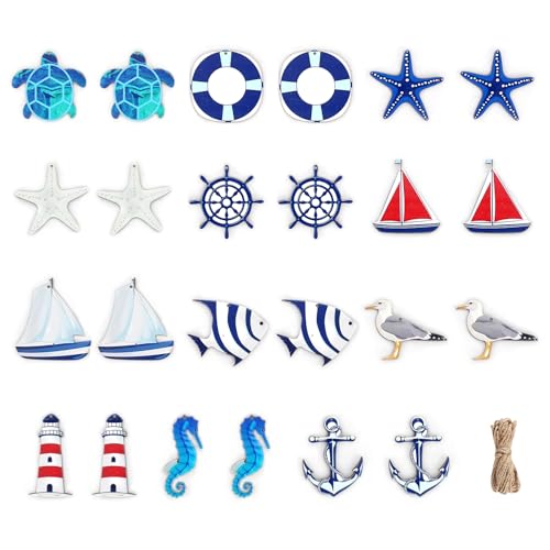 24 Pcs Maritime Anhänger Nautische Deko, Maritimes Dekorationsset, Maritime Dekoanhänger Set, Seestern Boot Anker Leuchtturm Fisch Kokospalme für Mini-Fischernetz Wanddekorationen