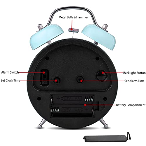 Image of Bernhard Products Analog Alarm Clock 4 inch Twin Bell Black Silent Non-Ticking Quartz Battery Operated Extra Loud with Backlight for Bedside Desk, Retro (Light Blue)