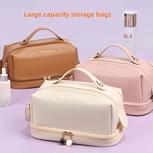 Umumpingg 2023 Makeup Cosmetics Bag,Faux Leather Large Capacity Double Layer Travel Make Up Bag, Multifunctional Toiletries Bags, Mask, Lipstick, Makeup Brush Storage Bag For Women Girl Gift White #TOP5
