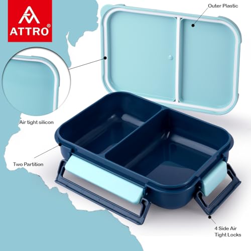 Image of ATTRO Gourmet 2 Compartment Lunch Box Portable Meal Organizer for Office, School BPA-Free, Food Grade, Freezersafe, Microwave & Oven Safe 1200ml Blue, Plastic