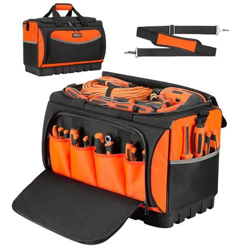 TUFFWORX Wide Mouth Tool Bag with 18 Pockets, 45 x 28 x 32 CM, Heavy Duty Electrician Tool Bags, Tool Storage Organiser with Waterproof Tough Base, Orange/Black, 18 Inch