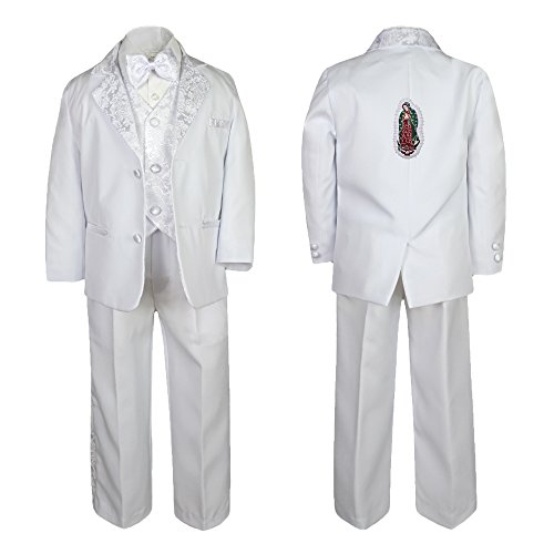 Image of Baby Boy Teen Baptism Formal White Paisley Suit Silver Guadalupe on Back SM-20