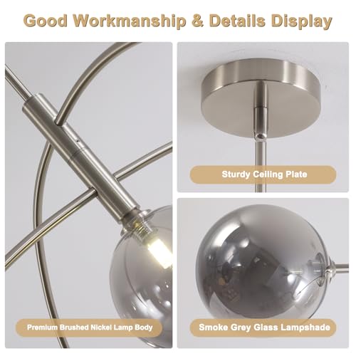 Image of Modern Silver Chandelier 5 Light Smoke Gray Semi Flush Mount Chandelier Vintage Industrial Ceiling Light for Dining Room Kitchen Bedroom Hallway