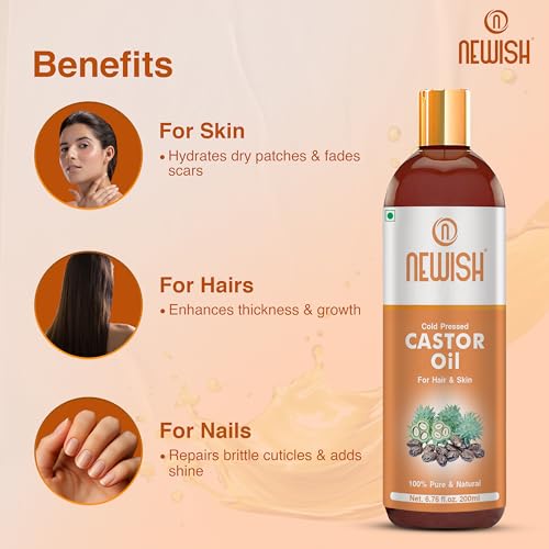 Image of Newish Cold Pressed Castor Oil for Hair Growth, Skin & Eyebrows |Pure & Organic Arandi Oil |Promotes Thicker, Longer Hair & Repairs Cracked Heels - 200ml