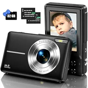 Digital Camera, FHD 1080P Camera for Kids, 44MP Vlogging Camera with 32GB Card, 16X Zoom, LCD Screen, Compact Portable Mini Rechargeable Camera, Ideal Gift for Students, Teens and Adults (Black)