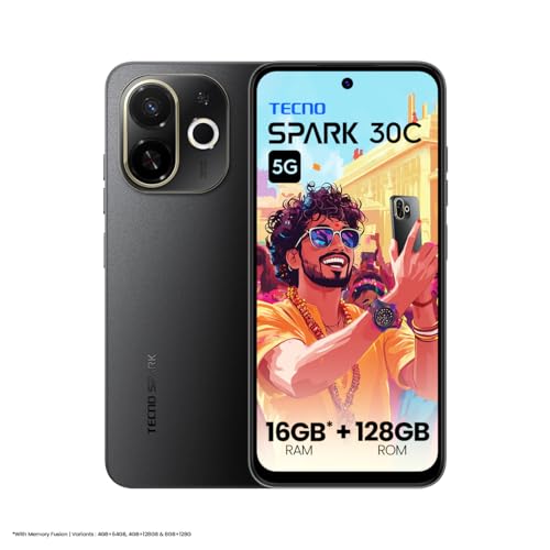 Image of Tecno Spark 30C 5G (Midnight Shadow, 4GB+64GB) | D6300 5G Processor | 5000 mAh Battery | NFC, IR Remote | Dolby Atmos