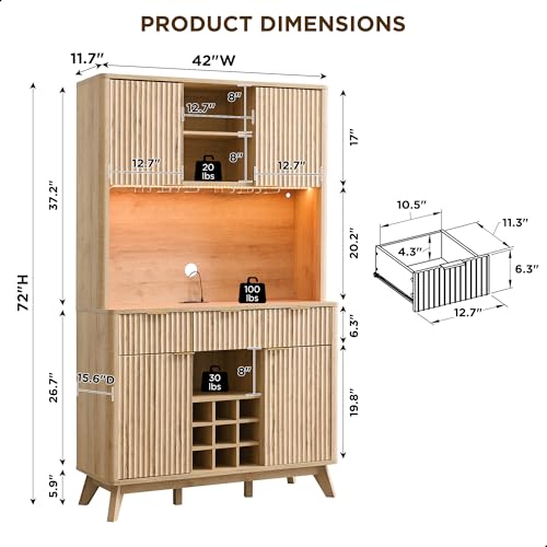 OKD 72" Tall Wine Bar Cabinet with Storage Hutch, Modern Wood Fluted Coffee Bar Cabinet with LED Lights and 10 Tier Storage Shelf & 9 Grid Wine Glass Rack for Home Dining Room Kitchen (Natural Oak) - Image 3