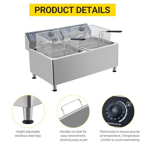 23.2QT Deep fryers, Commercial Deep Fryer 22L Large Dual Tank Electric Countertop Fryer, for Restaurant with 2 Frying Baskets and Lids