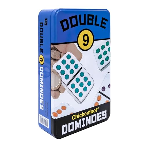 Front Porch Classics, Double 9 Colored Dot Dominoes Travel Tin Set, 2 to 8 Players Ages 8 to 99