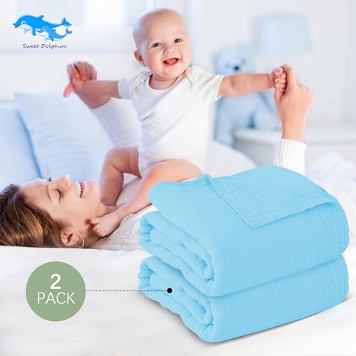 Image of SWEET DOLPHIN Muslin Baby Bath Towels Blanket - 2 Pack 100% Cotton Towel for Babies, Infants, Toddlers - 40x40Inch - Highly Absorbent, Blue