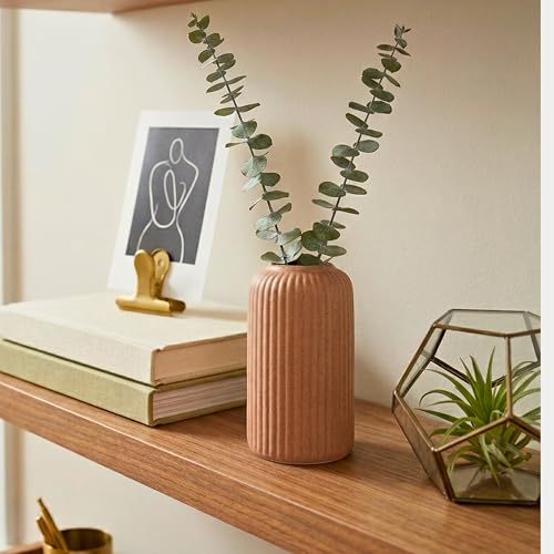 Image of KREATIVE ART'S Modern Ribbed Design Ceramic Flower Vase for Living Room, Flower Pots for Artificial Flower, Home Decoration Item, Home Decor, Vases for Living Room (TAN-BEIDGE, Small)