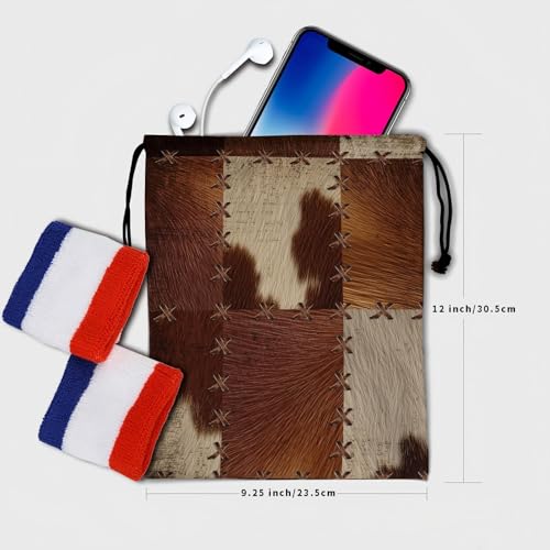 Image of Nerxy Patchwork Grip Bag - Cowhide Print Gymnastics Grip Bag Vintage Gymnasts Gym Bag X Stitch Drawstring Gift Bag Gym Storage Pouch for Sports Party Favors