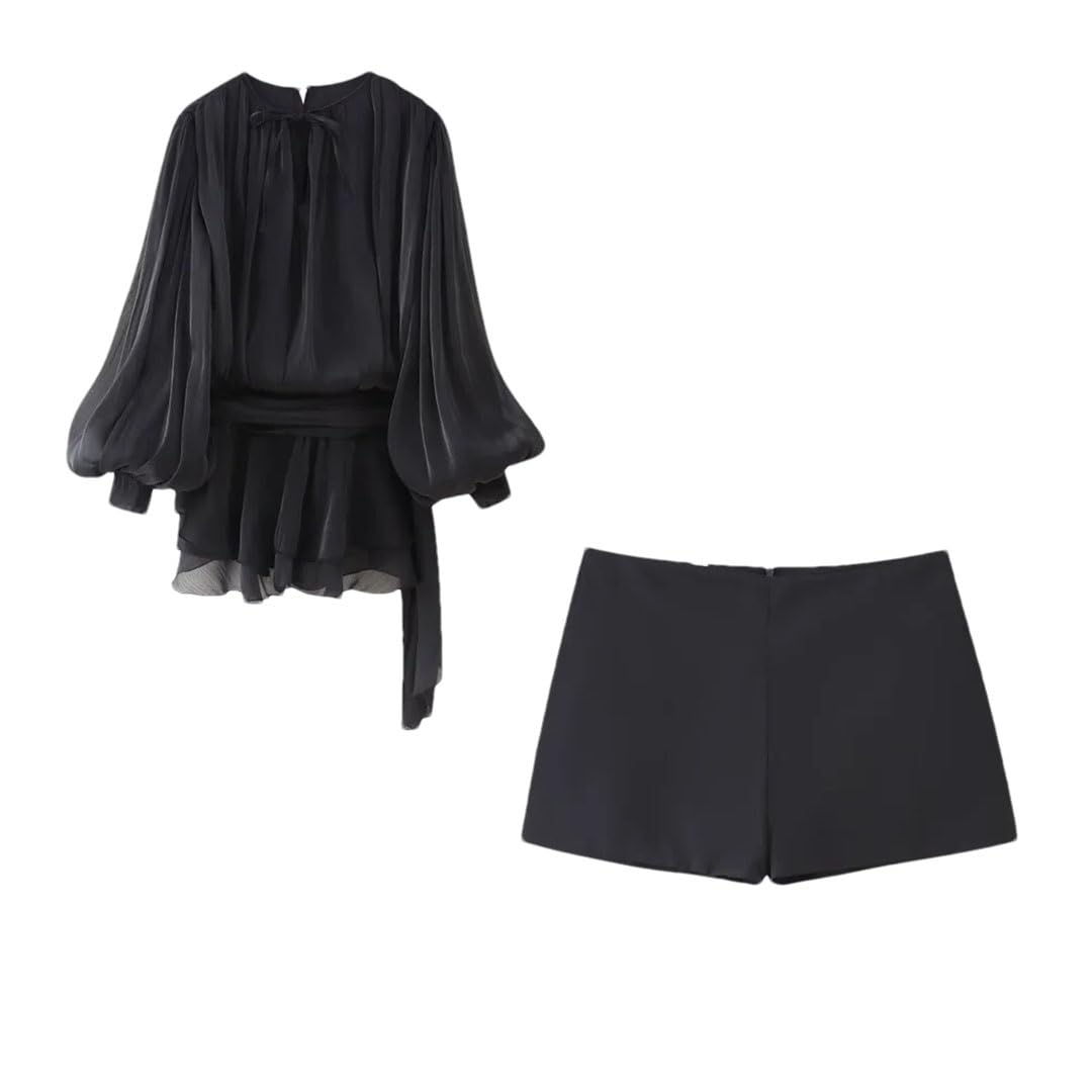 Womens Pleated Ribbon Design Loose Mesh Long Sleeved Top Solid Color Mini Skirt Top Suit