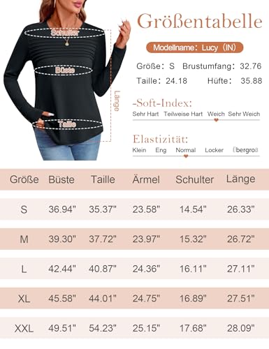 Kistore Langarmshirt Damen Elegant Bluse Mit Rundhals Langarm Knopf Hoch Oberteile Lässige Longbluse Leicht Bequemes Volltonfarbe Tops Herbst Blusenshirt (Schwarz,M)