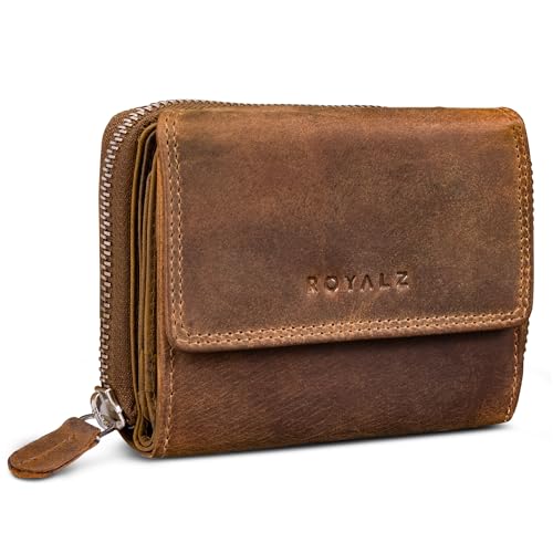 ROYALZ 'Liberty' Vintage Portemonnaie Damen klein Leder - kleine Geldbörse mit 7 Kartenfächern - Echtleder Geldbeutel RFID Schutz - viele Fächer Portmonee mit extra Münzfach, Farbe:Nevada braun