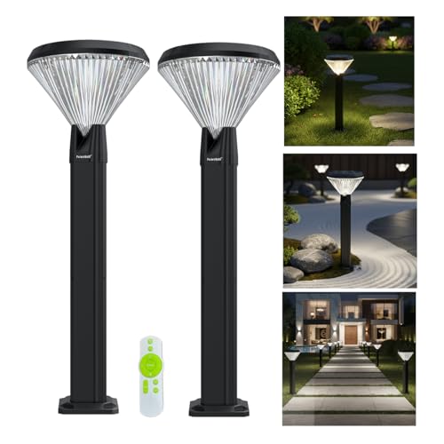Image of hardoll Solar Gate & Garden Outdoor Lights for Home 8800mAh Battery, IP65 Waterproof, 64 LEDs, 3 Color Modes (Warm /Cool /Neutral), Remote Controlled, Round Shaped Pillar Lamps with Pole(Pack of 2)