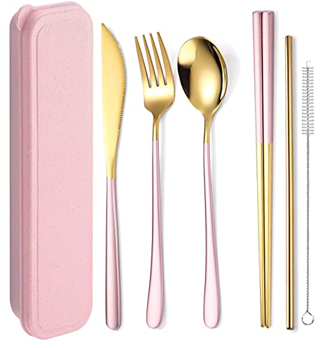 AARAINBOW 6 Pieces Stainless Steel Flatware Set Portable Reusable Cutlery Set Travel Utensils Set Including Chopsticks Knife Fork Spoon Straws Cleaning Brush Dishwasher Safe (Pink golden)